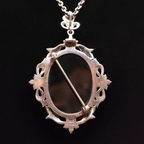 Vintage Carved Cameo Stauer Necklace Silver Ornate Frame Regencycore Coquette - Picture 3 of 11